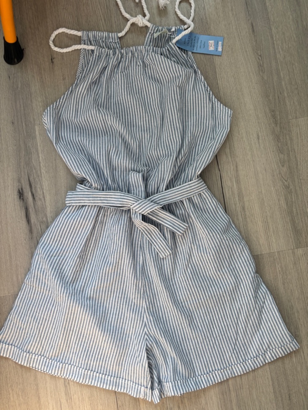 Blue & White Striped Rope-Halter Romper with Waist Tie